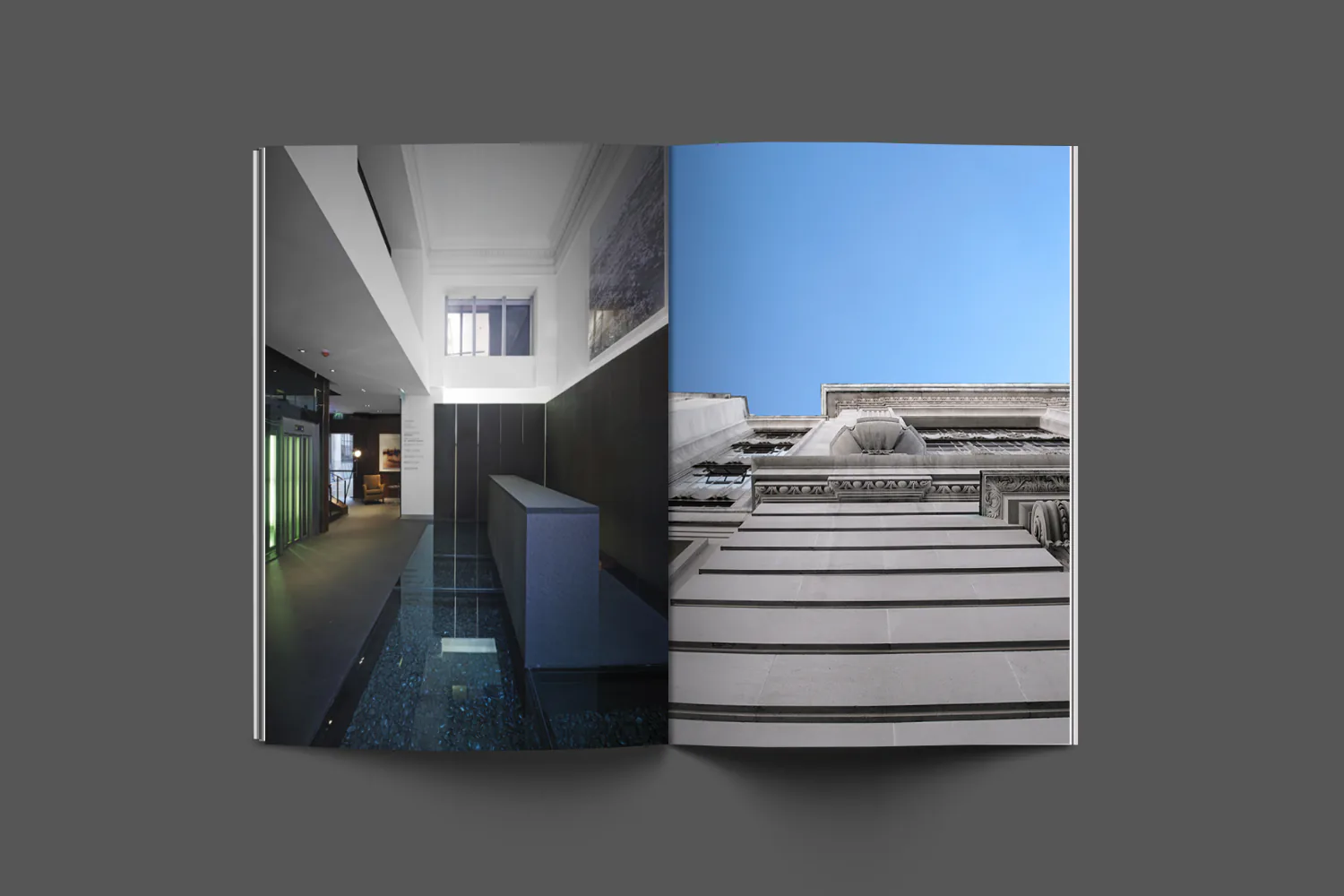 A brochure open on a spread of the interior beside the building's facade.
