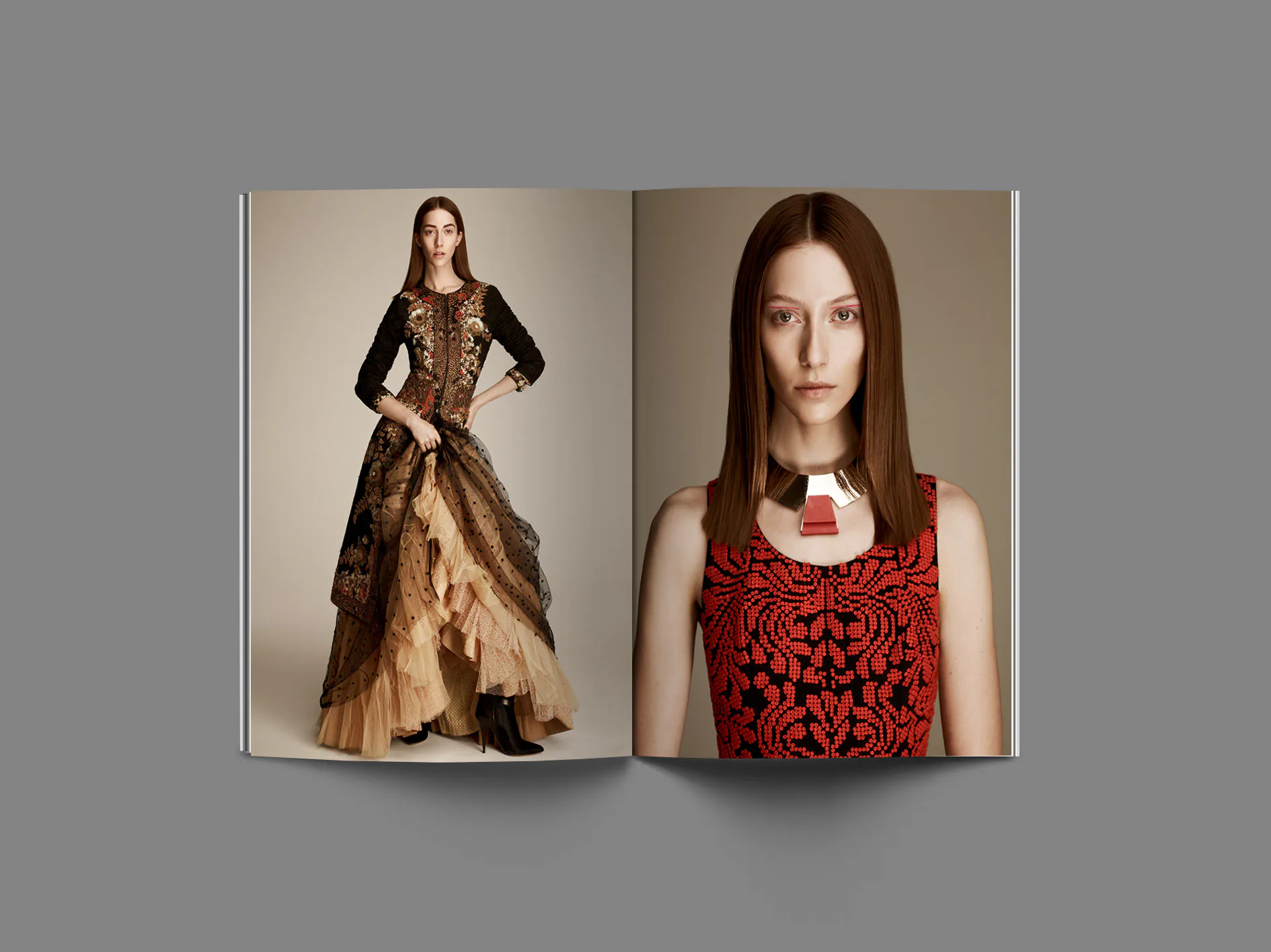 A lookbook spread, a model in a beaded gown beside a close portrait.