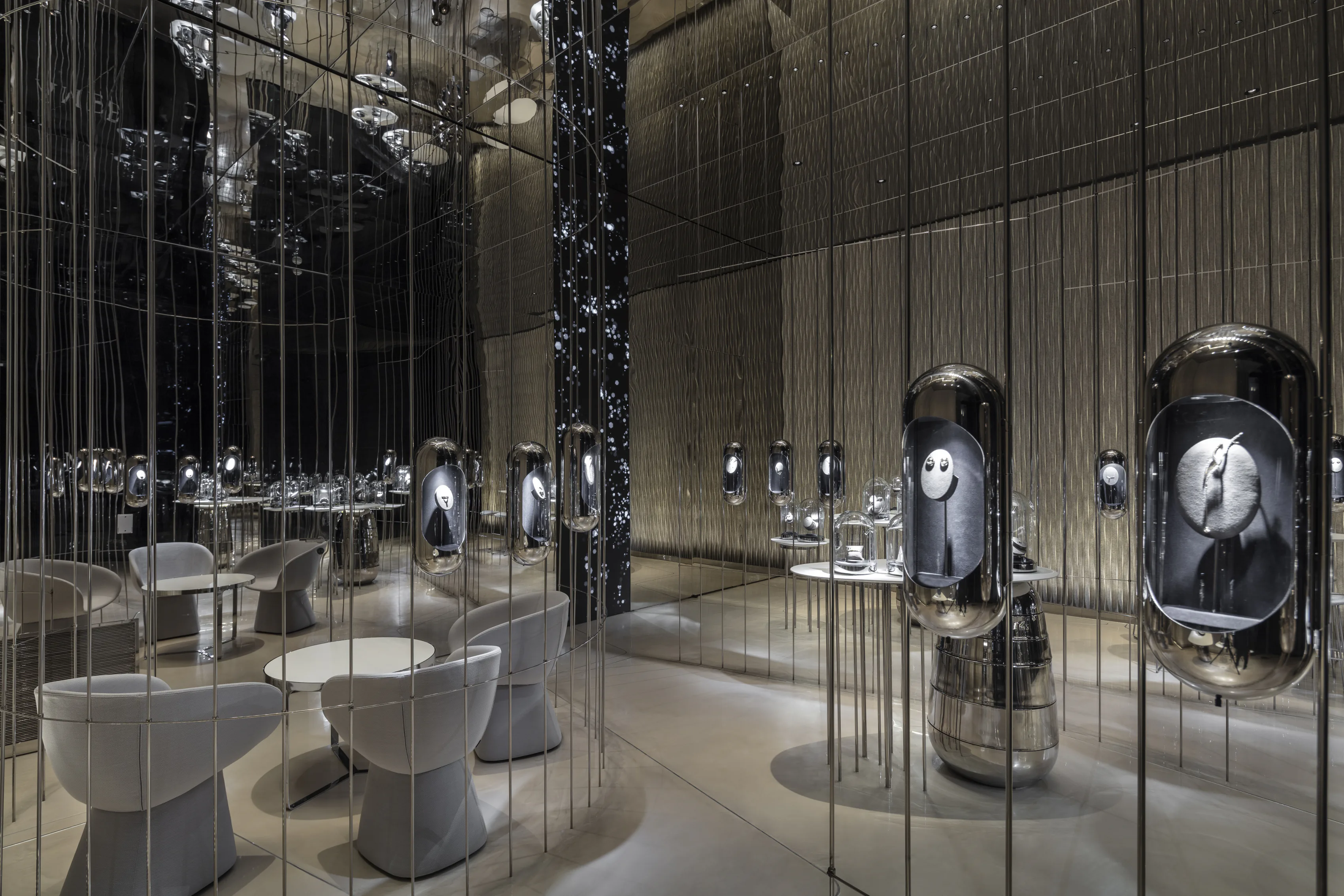 The Ame store interior, with lit display cases.