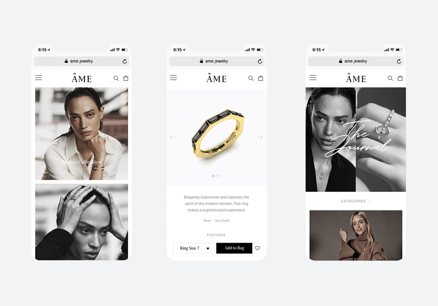 Screens from the Ame mobile site.