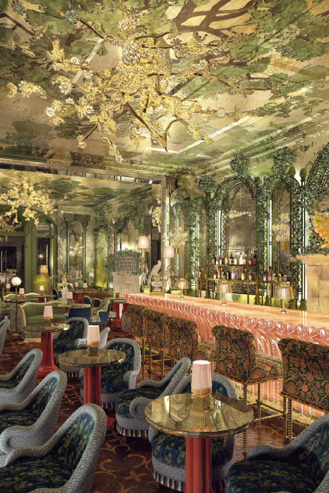 A bar at Annabel's, under a painted ceiling hung with gilded blossom.