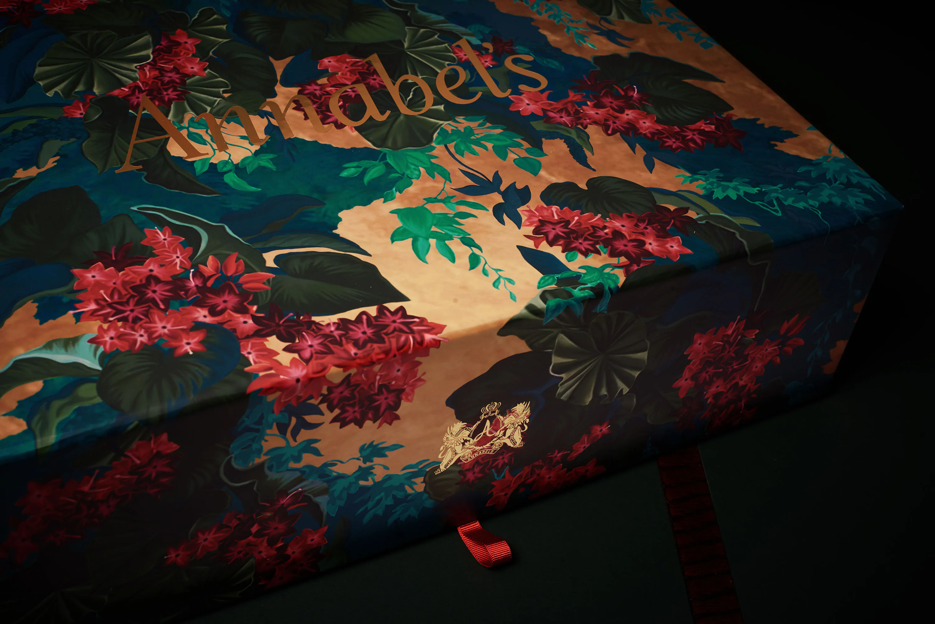 The lid of a gift box in close up, showing the print and the gold lettering.