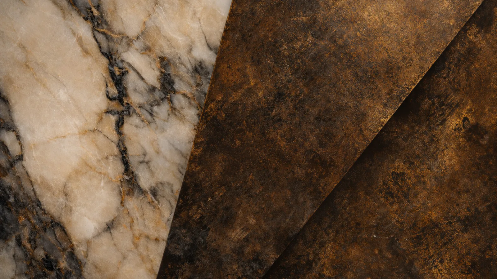 Pale veined marble meeting rusted bronze along a diagonal seam.