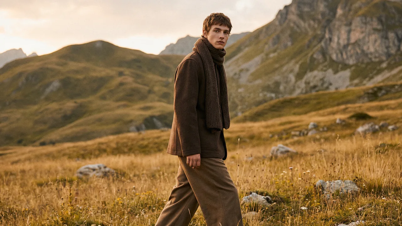 A man in a brown overcoat walking through an alpine meadow at golden hour.
