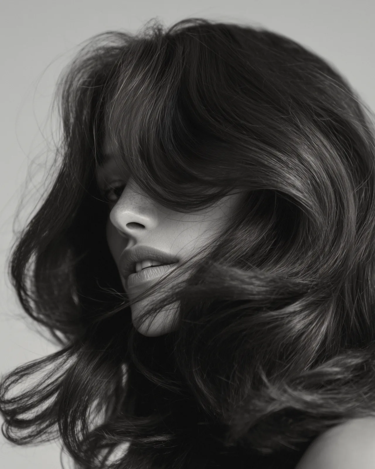 A woman's face half hidden by windblown hair, in black and white.