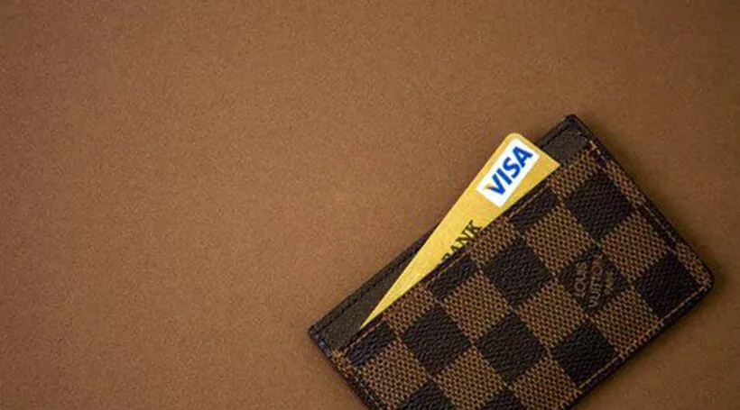 A Damier-check card holder on brown, a blue Visa card half out of it.