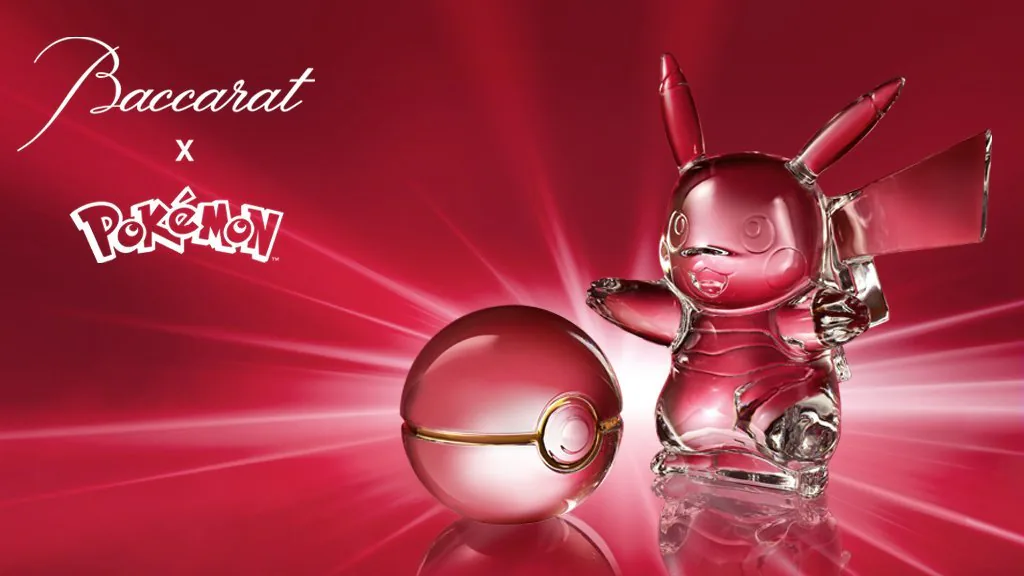 A crystal Pikachu and Poke Ball on red, under the Baccarat and Pokemon marks.