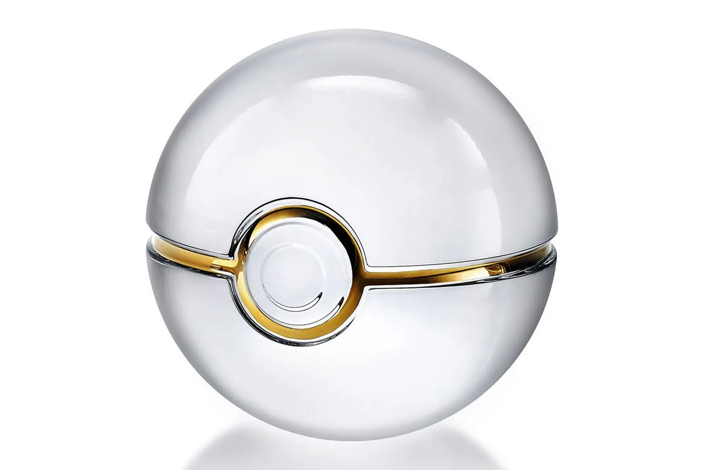 A crystal Poke Ball with a gold band around its middle.