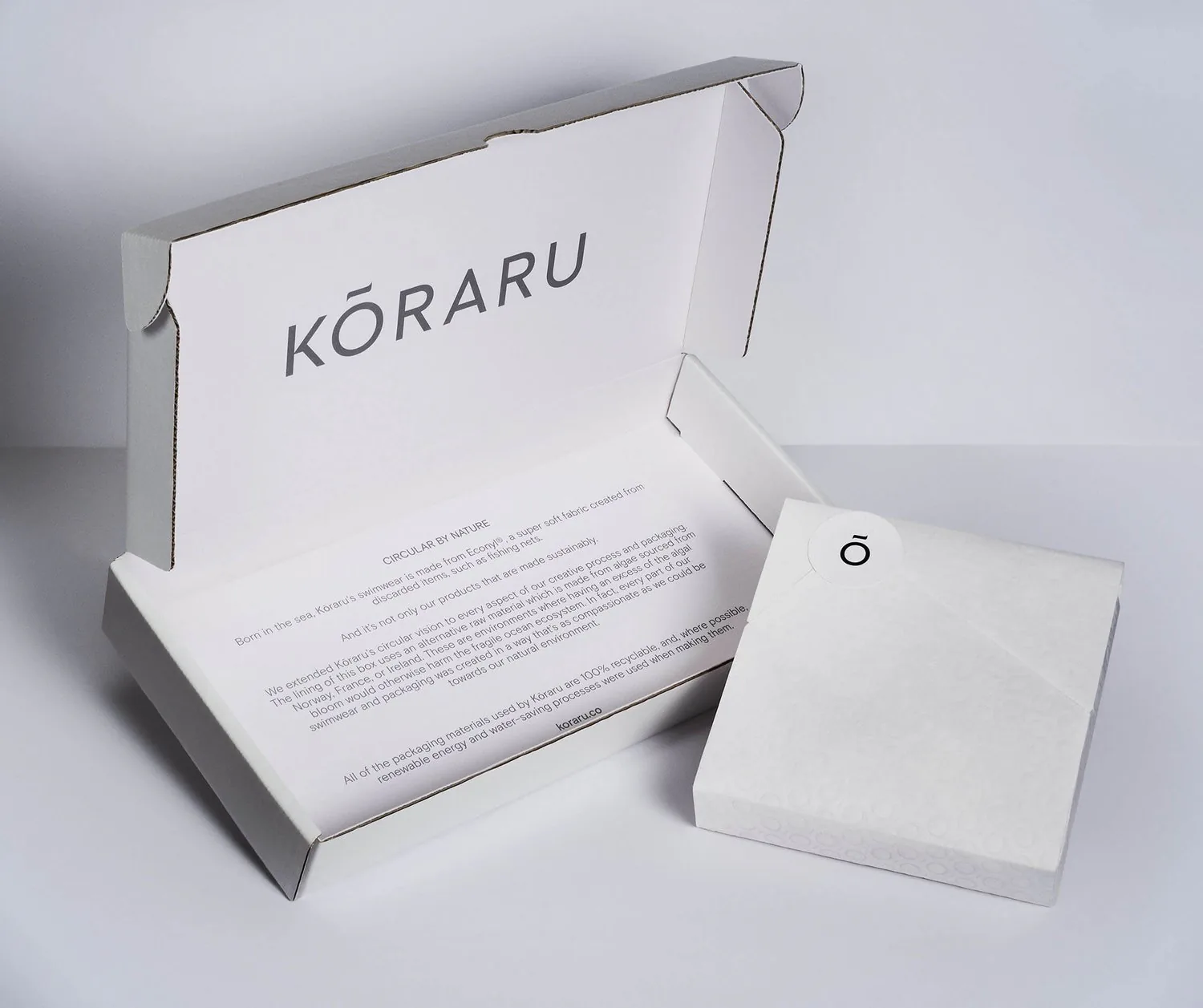 An open Koraru box with a printed insert card and a folded garment beside it.