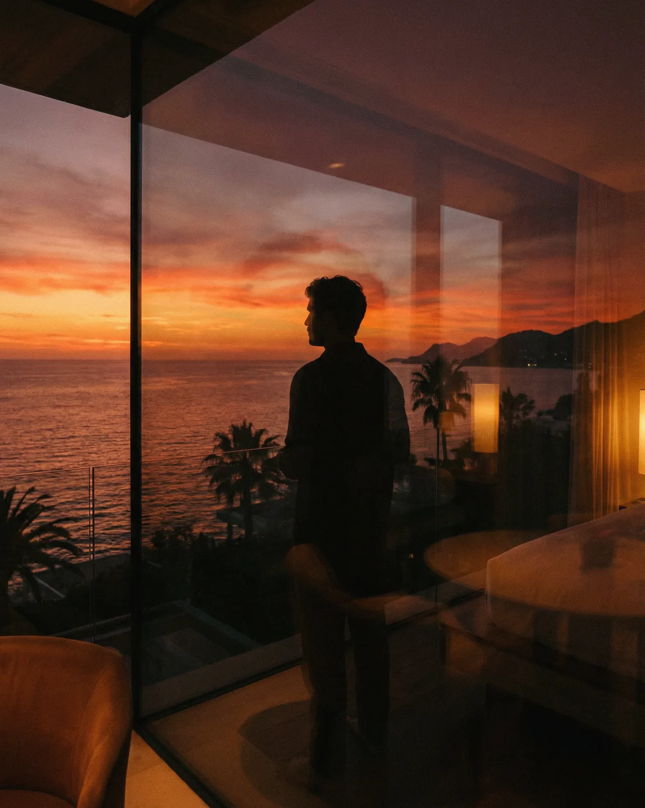 A figure silhouetted at a full-height window, the sun setting over the sea beyond.