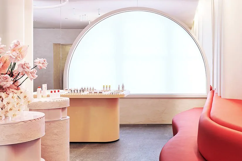 A pale pink interior with an arched window, product plinths and a curved red bench.