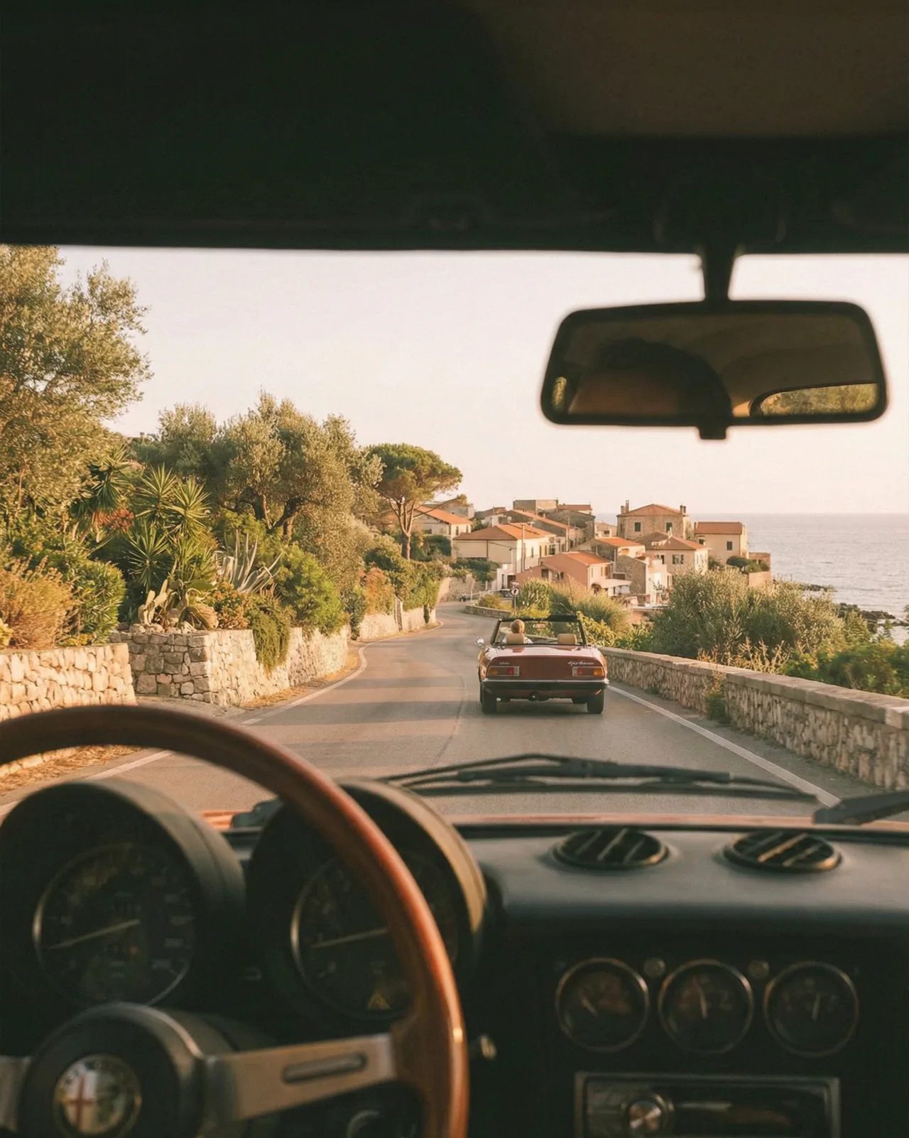 The view through a car windscreen down a coastal road to a Mediterranean village.