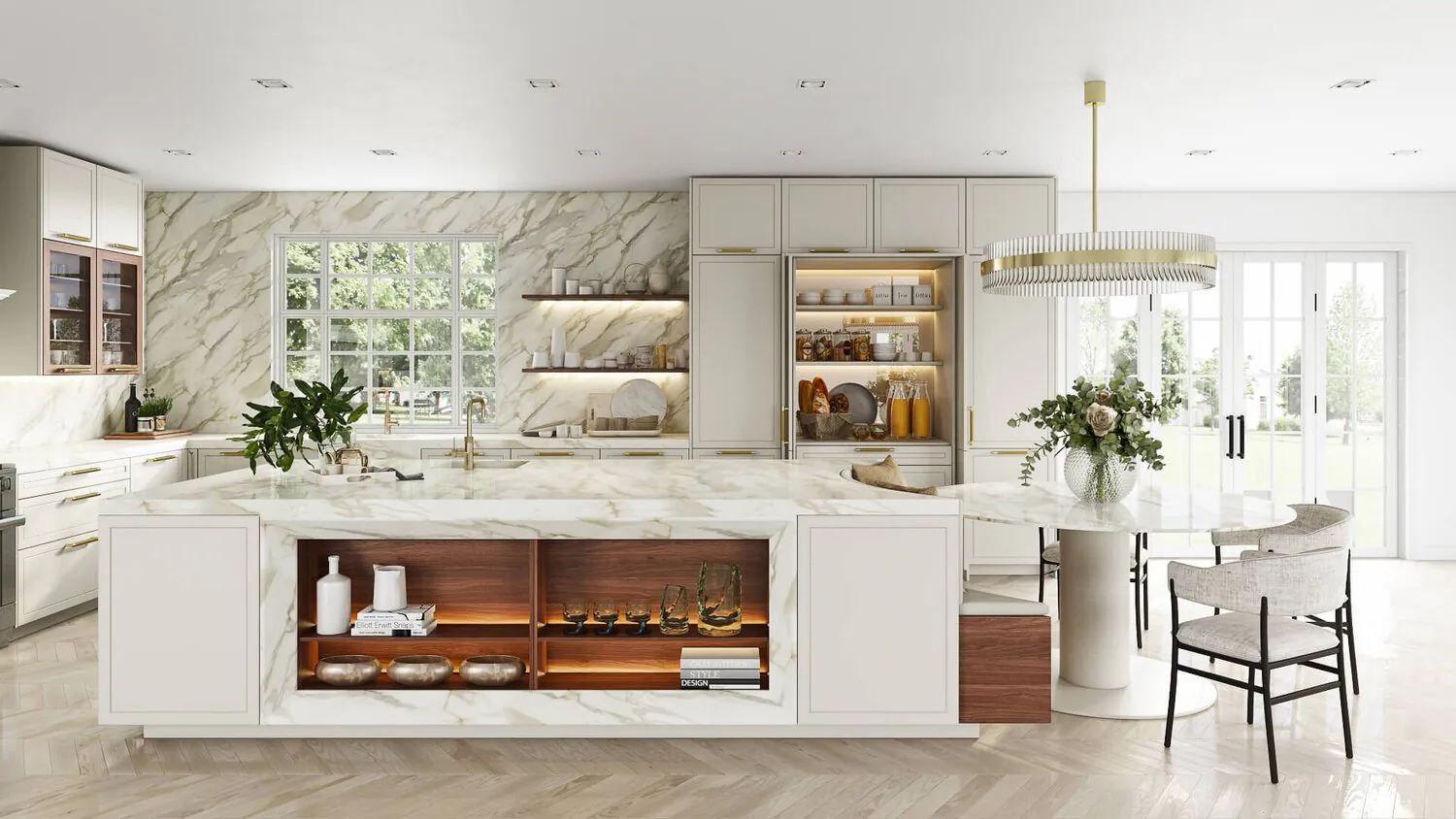 A pale kitchen with a marble island and open shelving, glazed doors beyond.