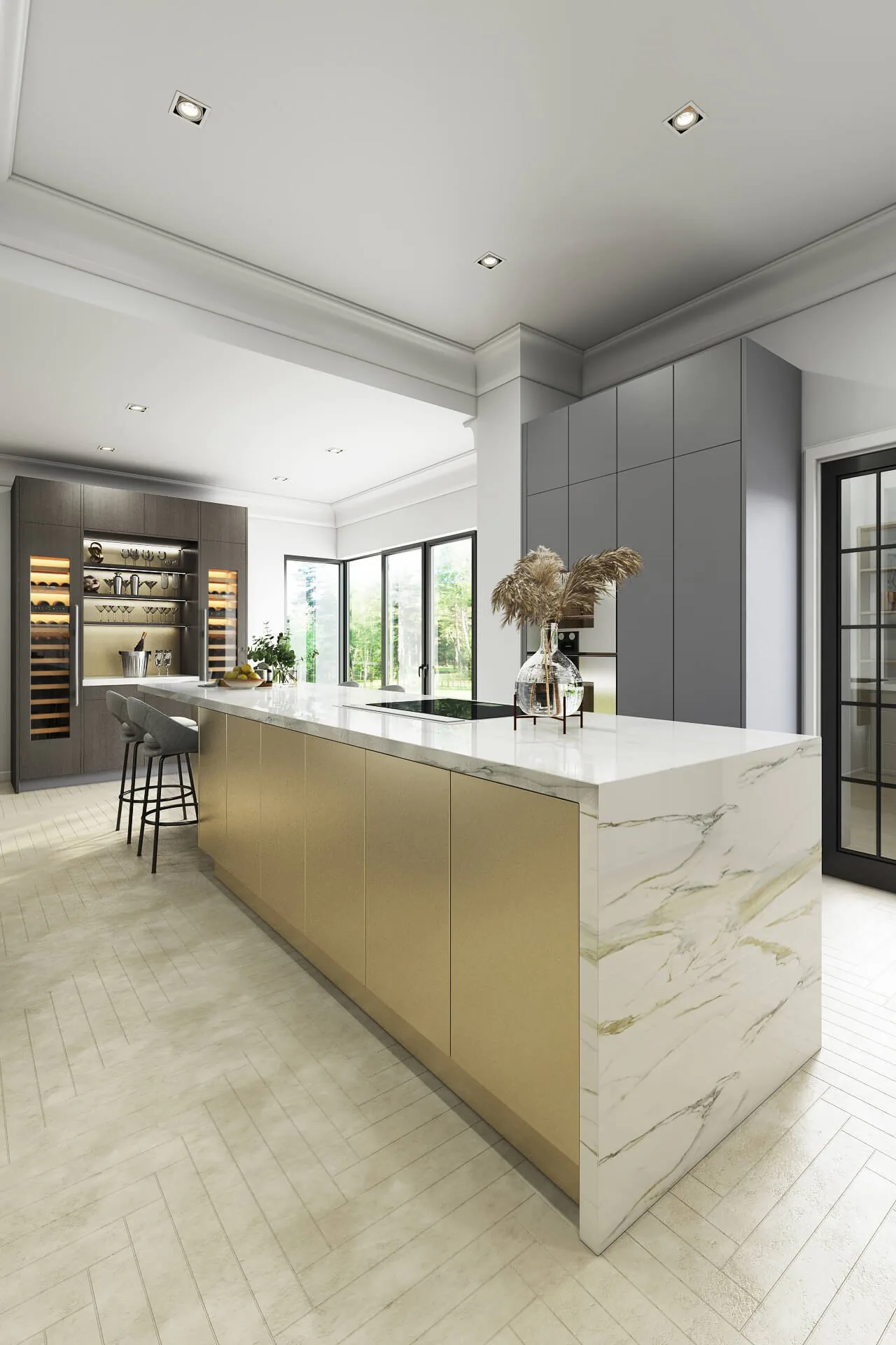 A kitchen with a brass-fronted island, marble worktop and full-height grey cabinetry.