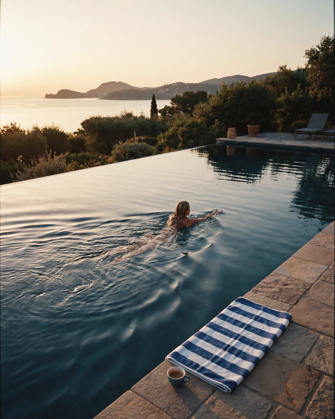 A woman swimming in an infinity pool above a coastline at sunset.