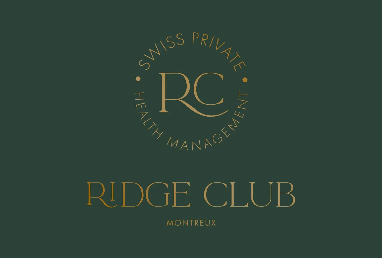The Ridge Club roundel in gold on dark green, reading Swiss Private Health Management, Montreux.