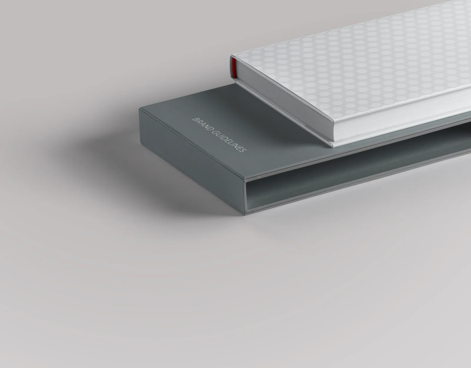 A grey slipcase with a white embossed book sliding out of it.
