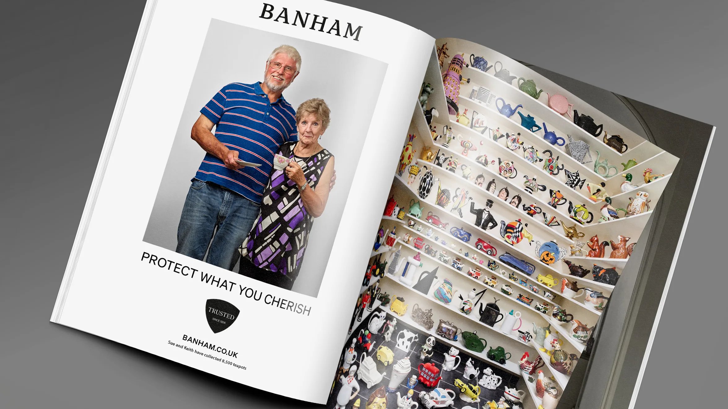 Keith and Sue at home with their collection, photographed for the campaign.