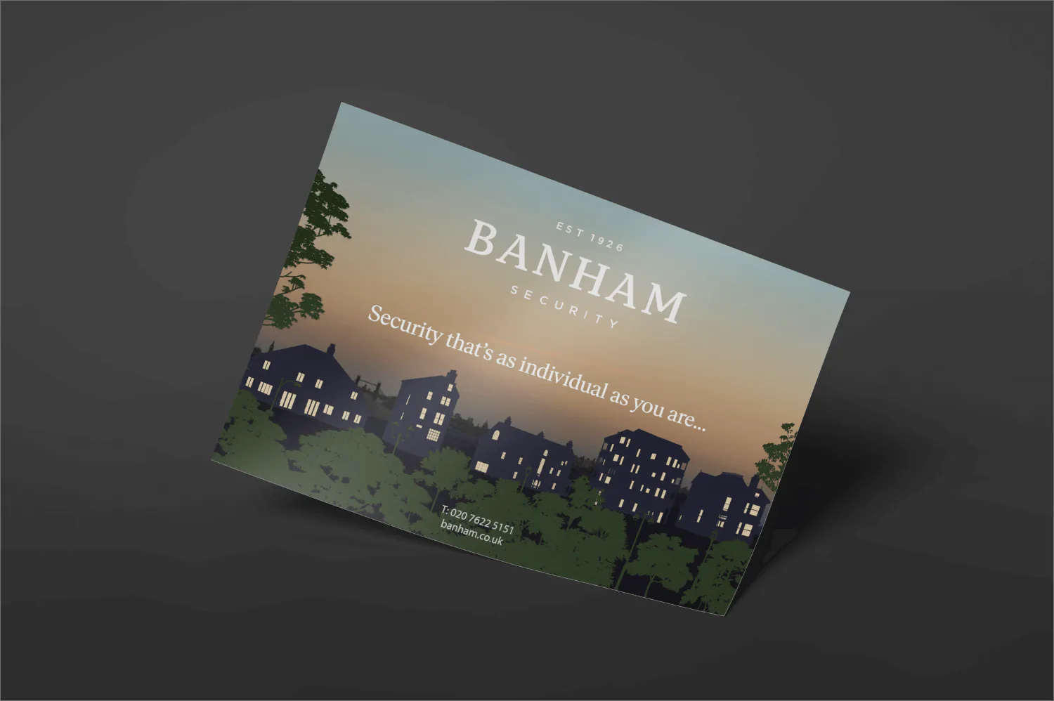 A direct mail flyer showing an illustrated London street at dusk, reading Security that's as individual as you are.