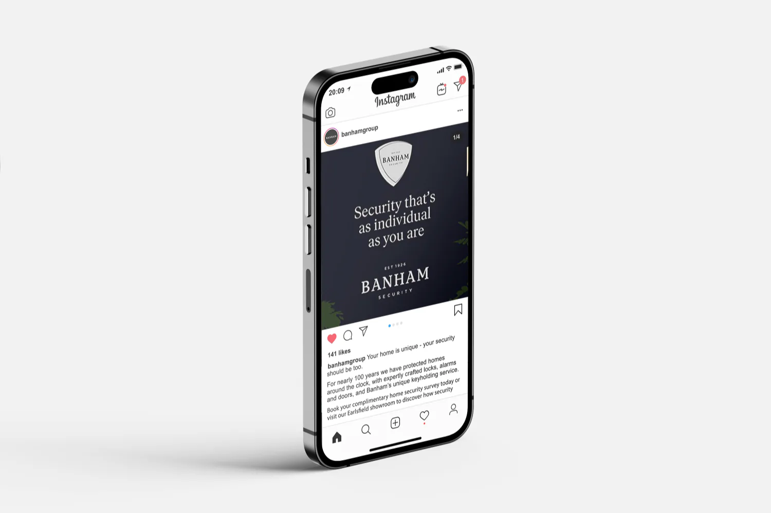 The campaign on Instagram on a phone, the Banham shield on a navy post.