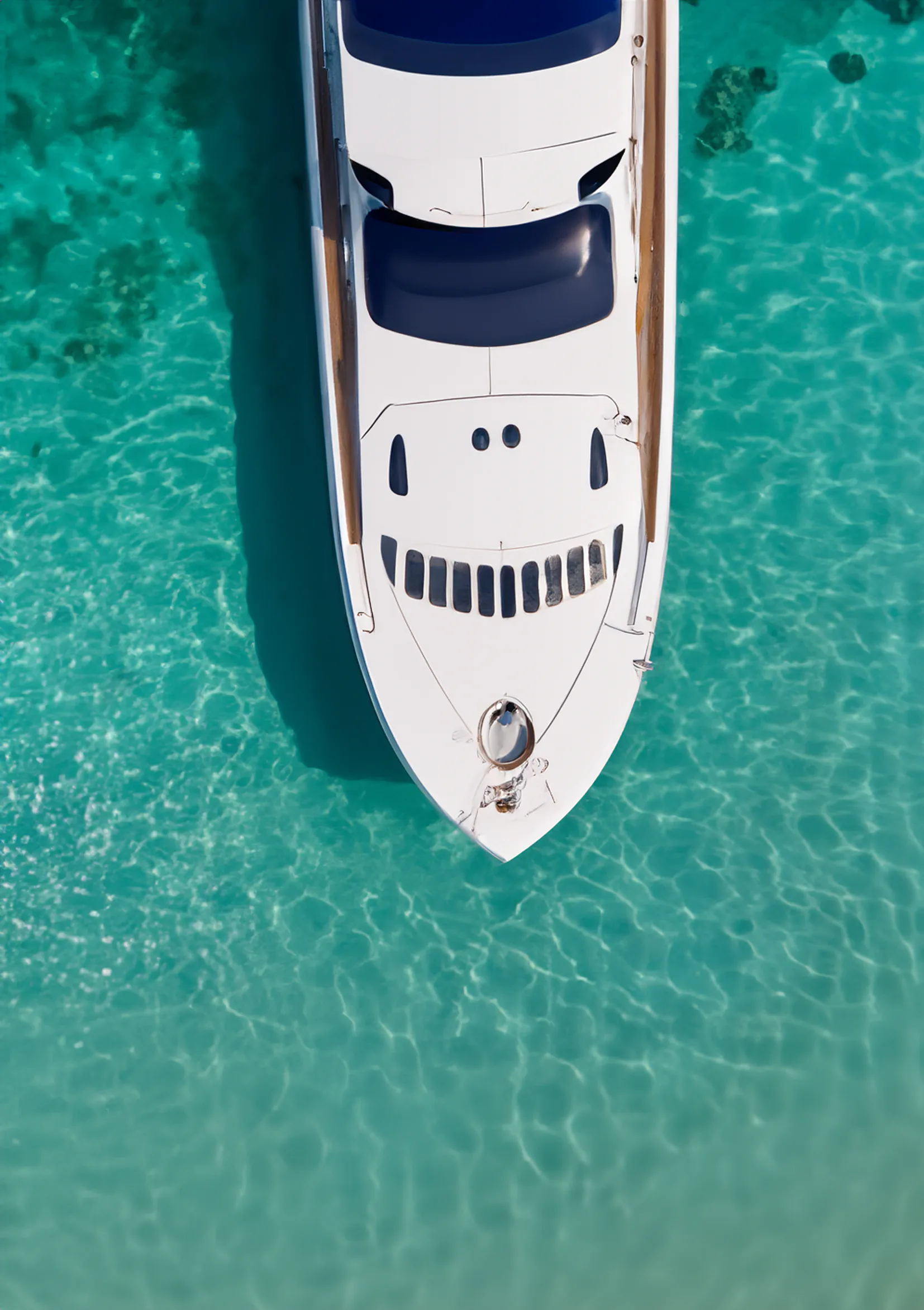 A yacht seen from directly above, in clear turquoise water.