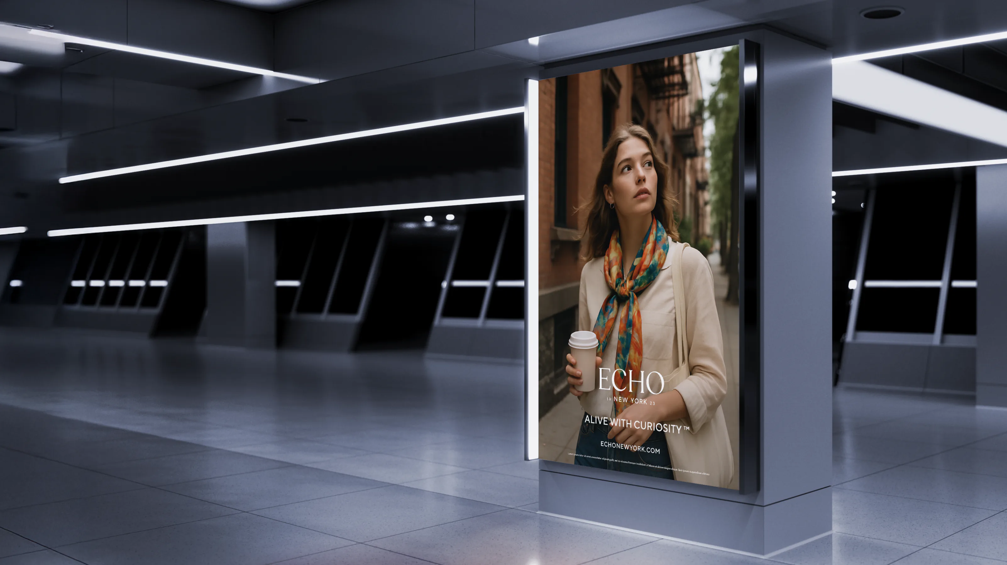 An ECHO New York campaign poster lit in a station concourse, reading Alive with curiosity.