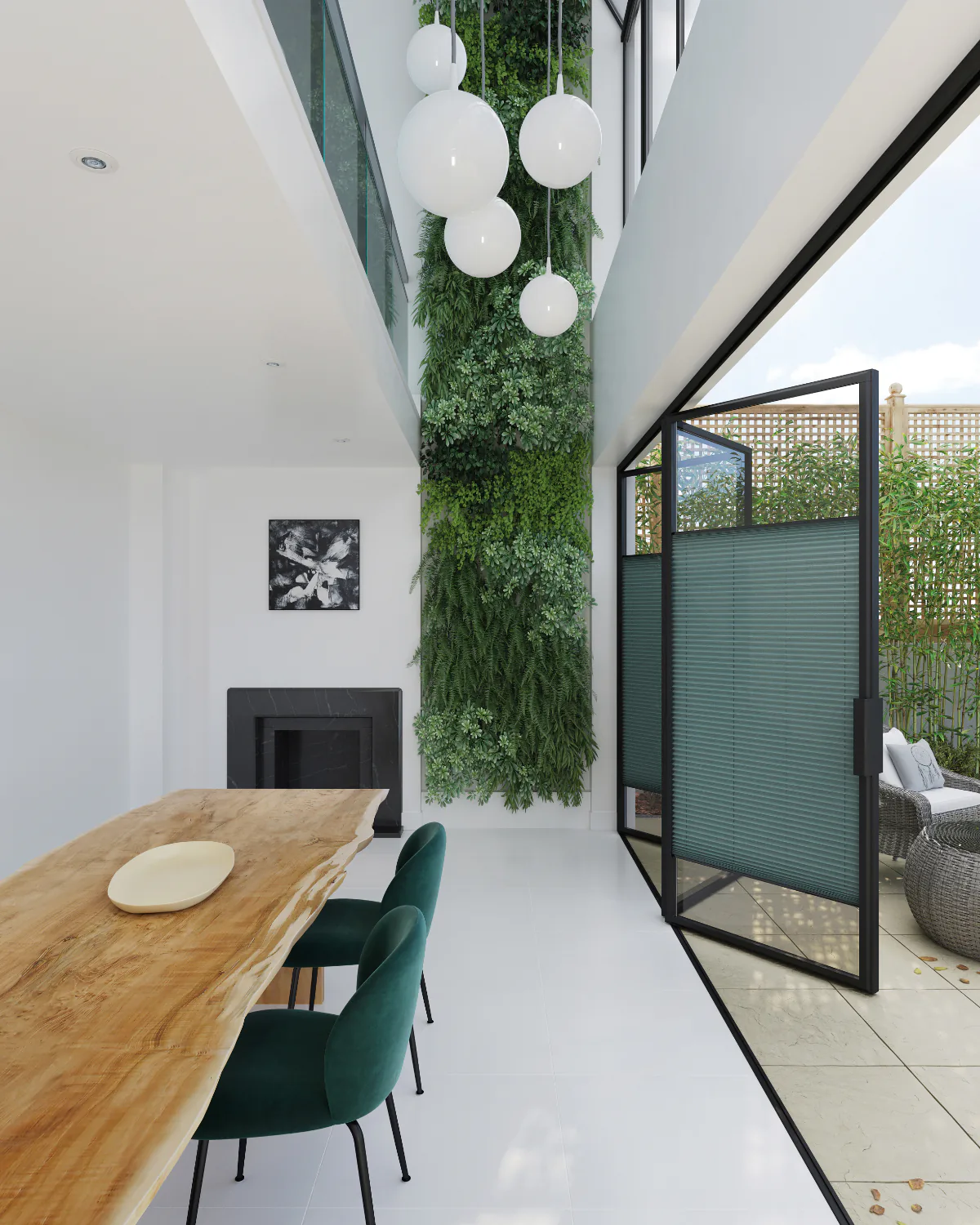 A dining table beside a glazed garden room, planting rising behind the glass.
