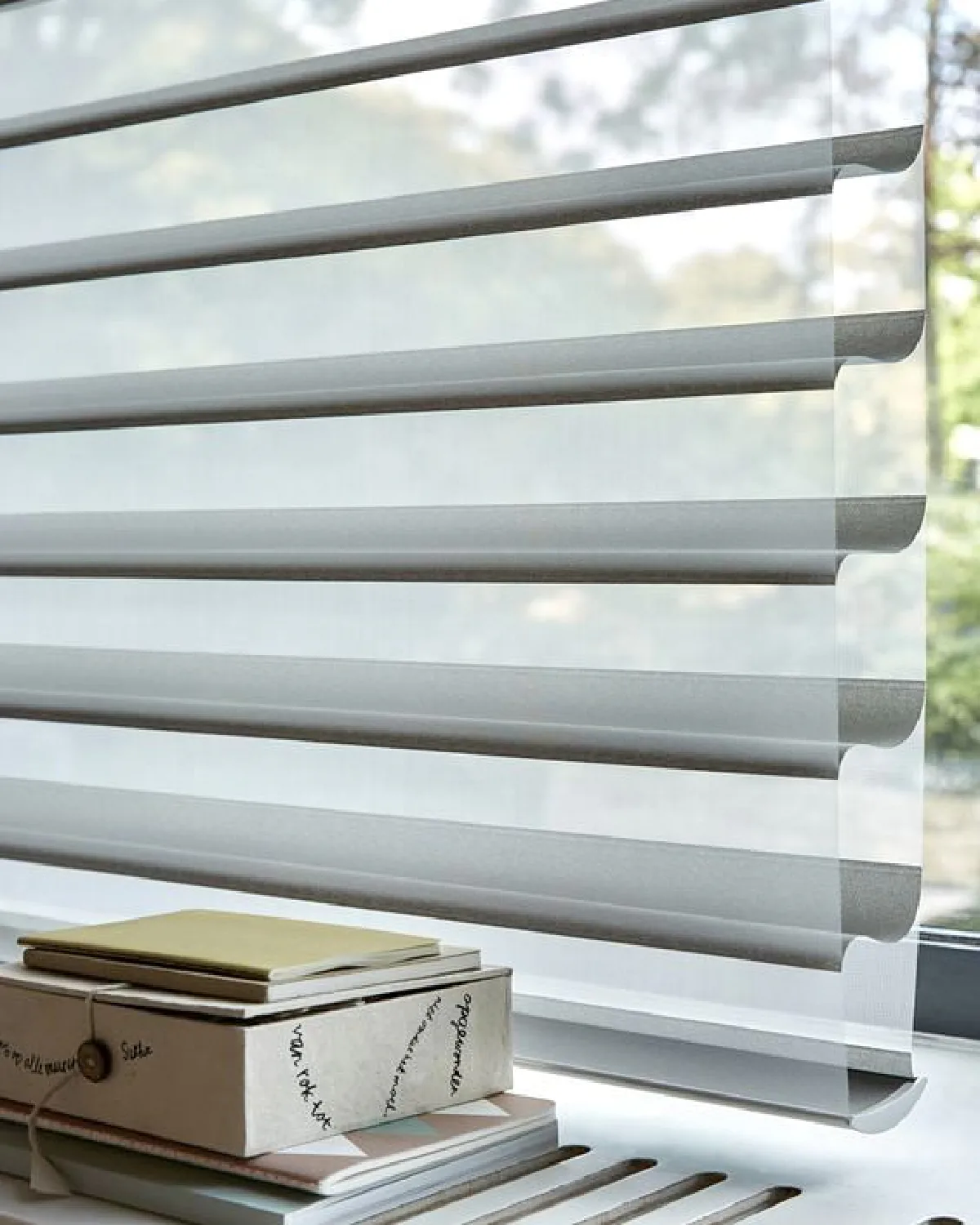 A close view of a layered day-and-night blind at a window.