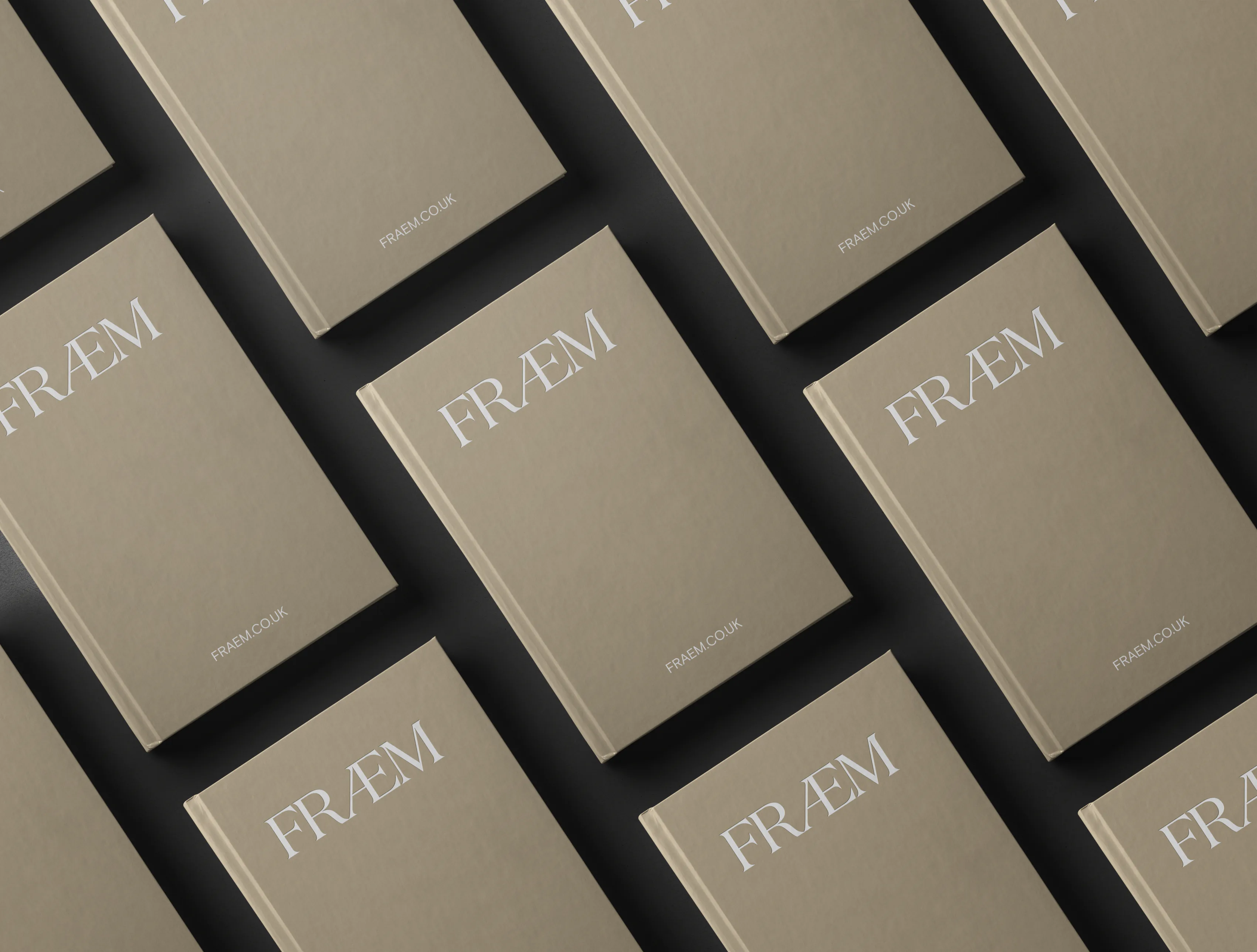 FRAEM brochure covers in stone board, laid out in a repeating grid.