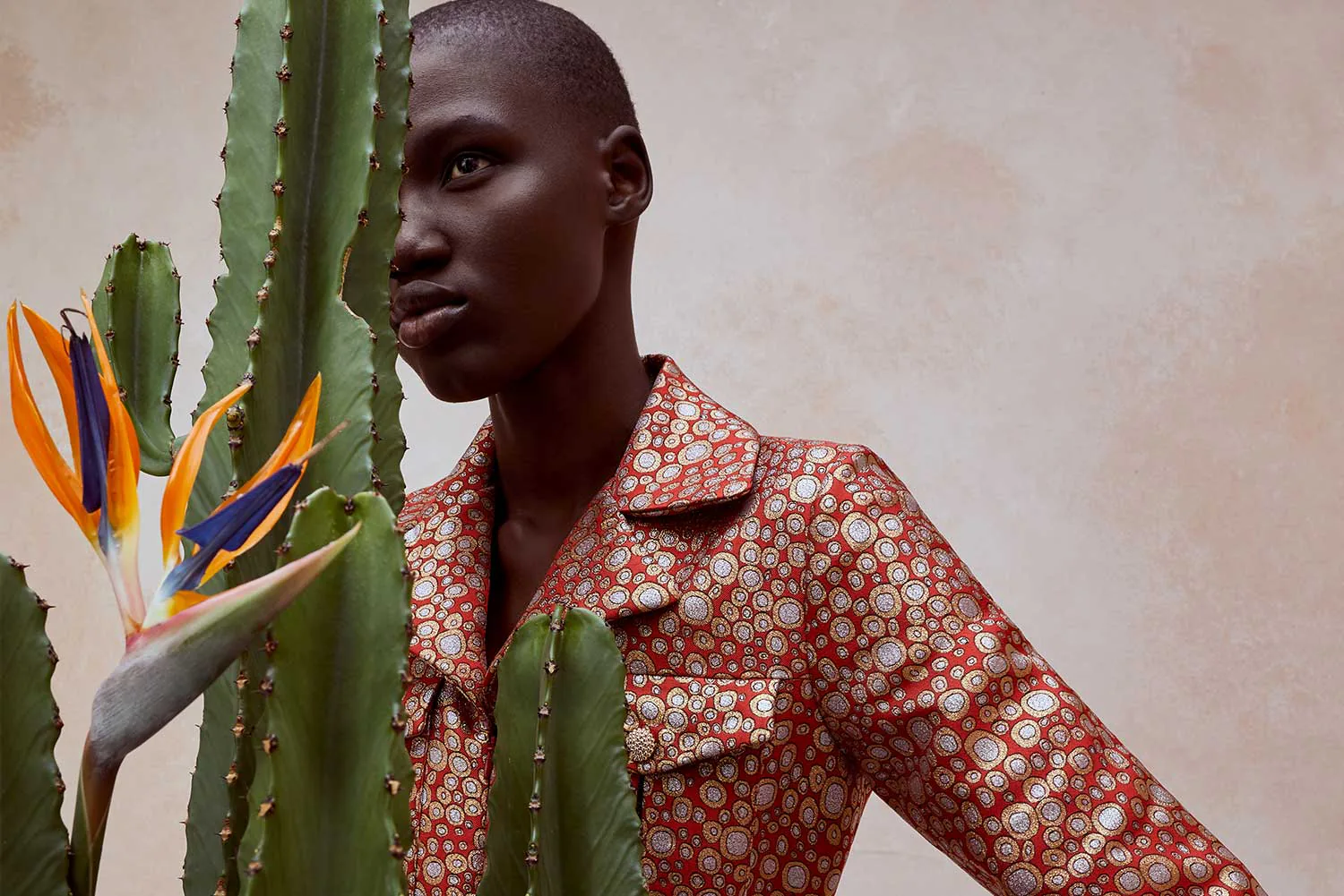 A model in a red floral silk shirt beside a cactus and a bird of paradise flower.