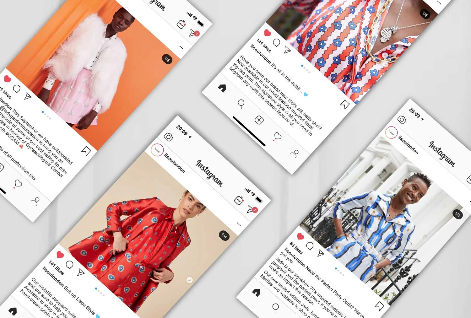 Lisou Instagram screens angled across a pale ground.