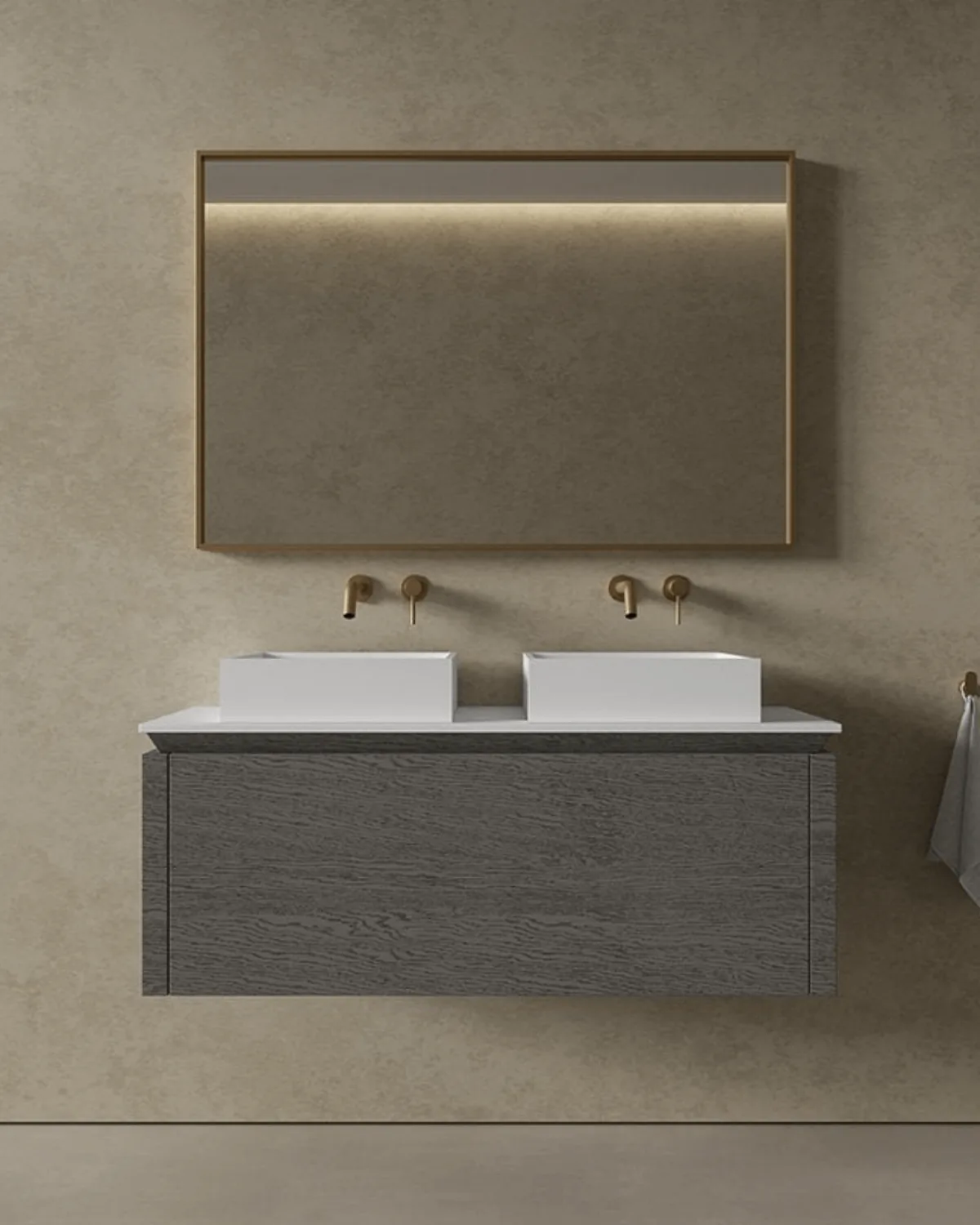 A wall-hung vanity unit with a basin and a backlit mirror.