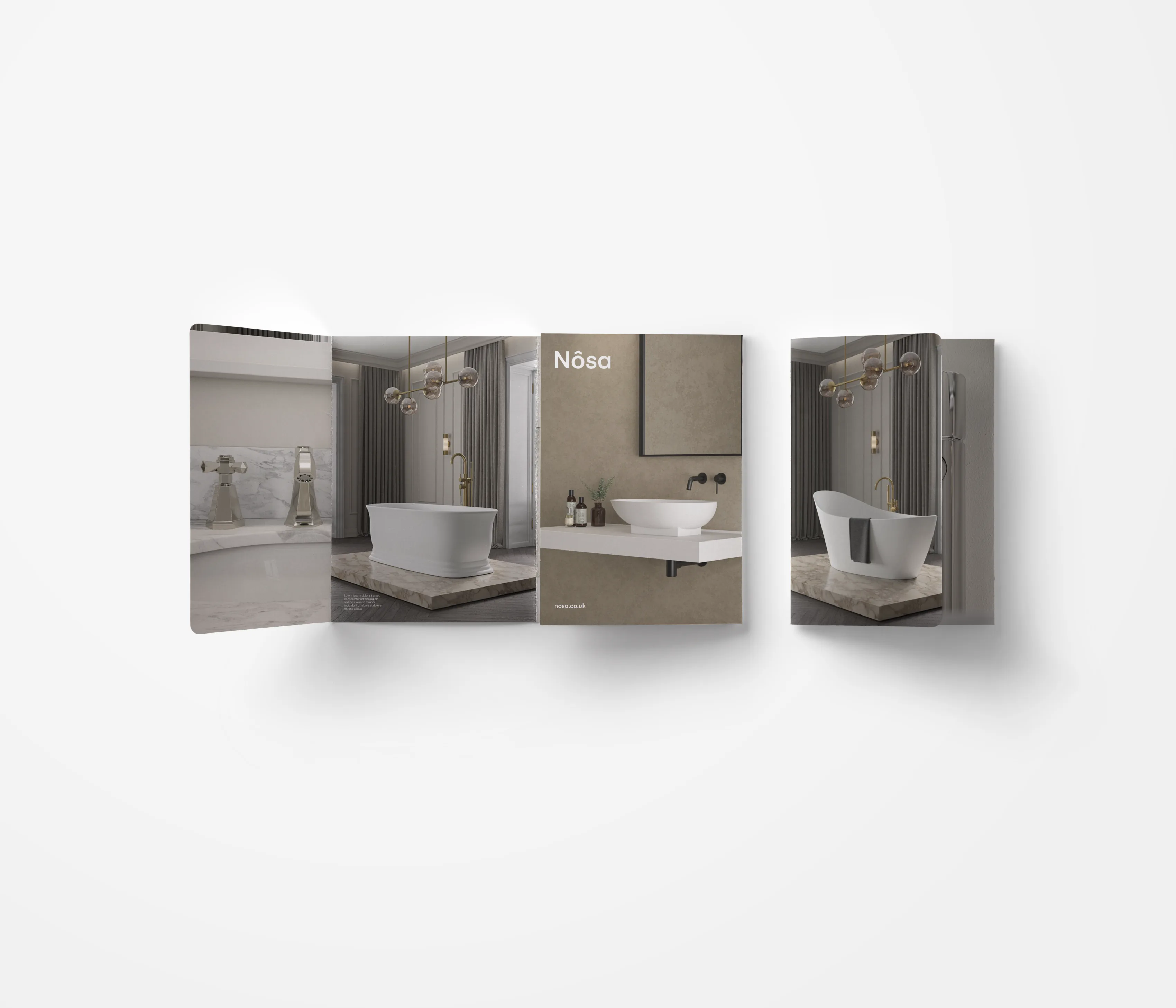 A gate-fold brochure opened out, showing bathroom photography.