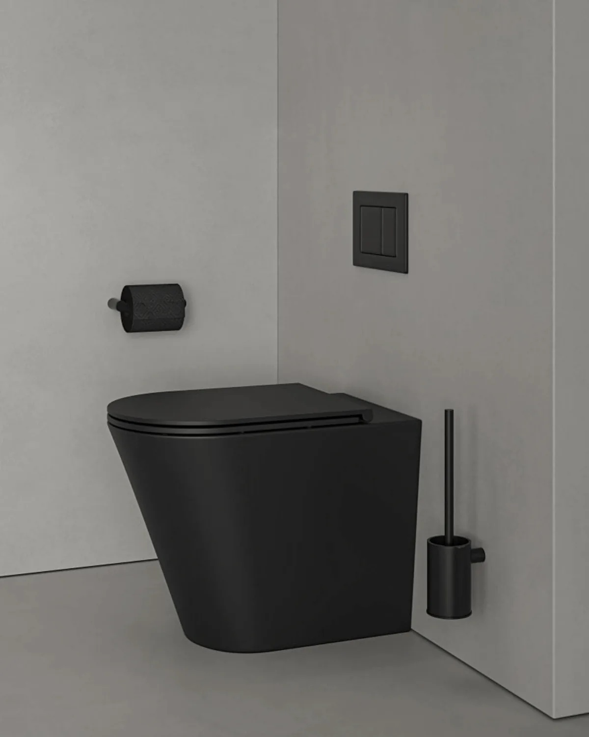 A matte black wall-hung toilet with a matching flush plate.