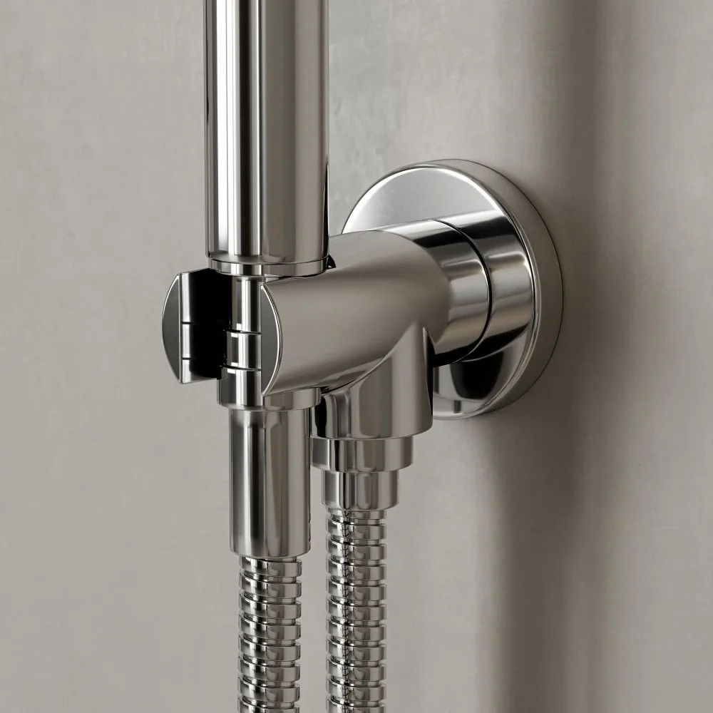 A chrome thermostatic shower valve with a handheld shower.