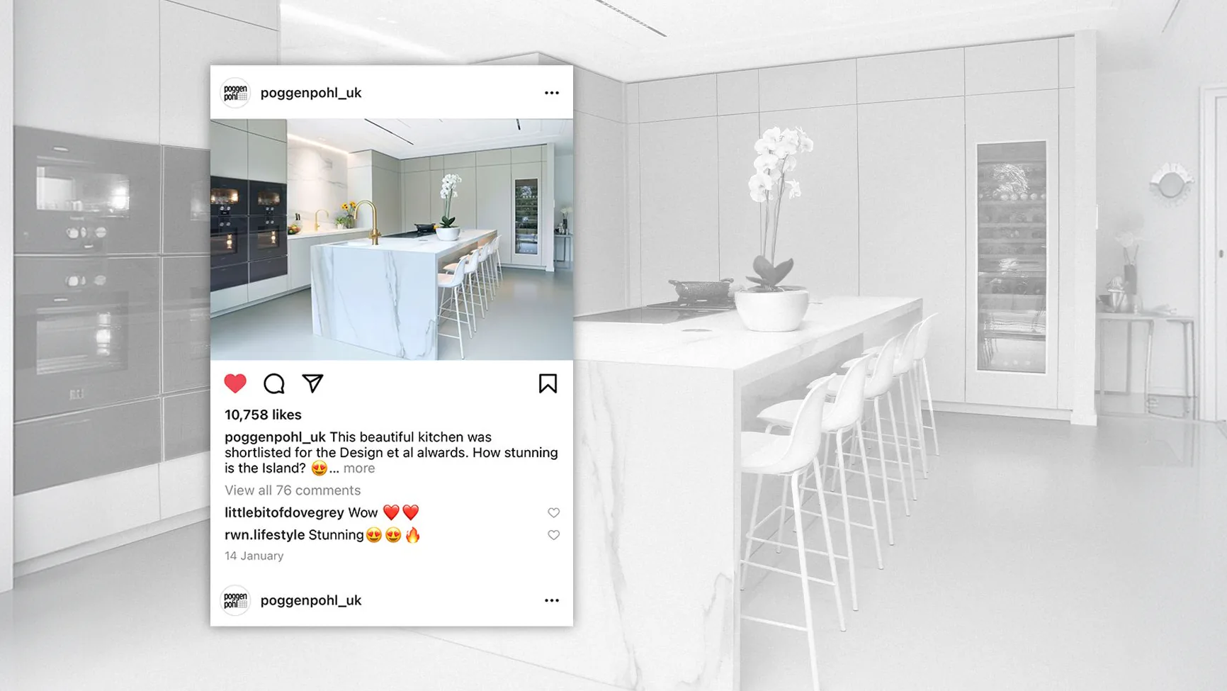 A Poggenpohl Instagram post shown over a white kitchen, with its likes and comments.