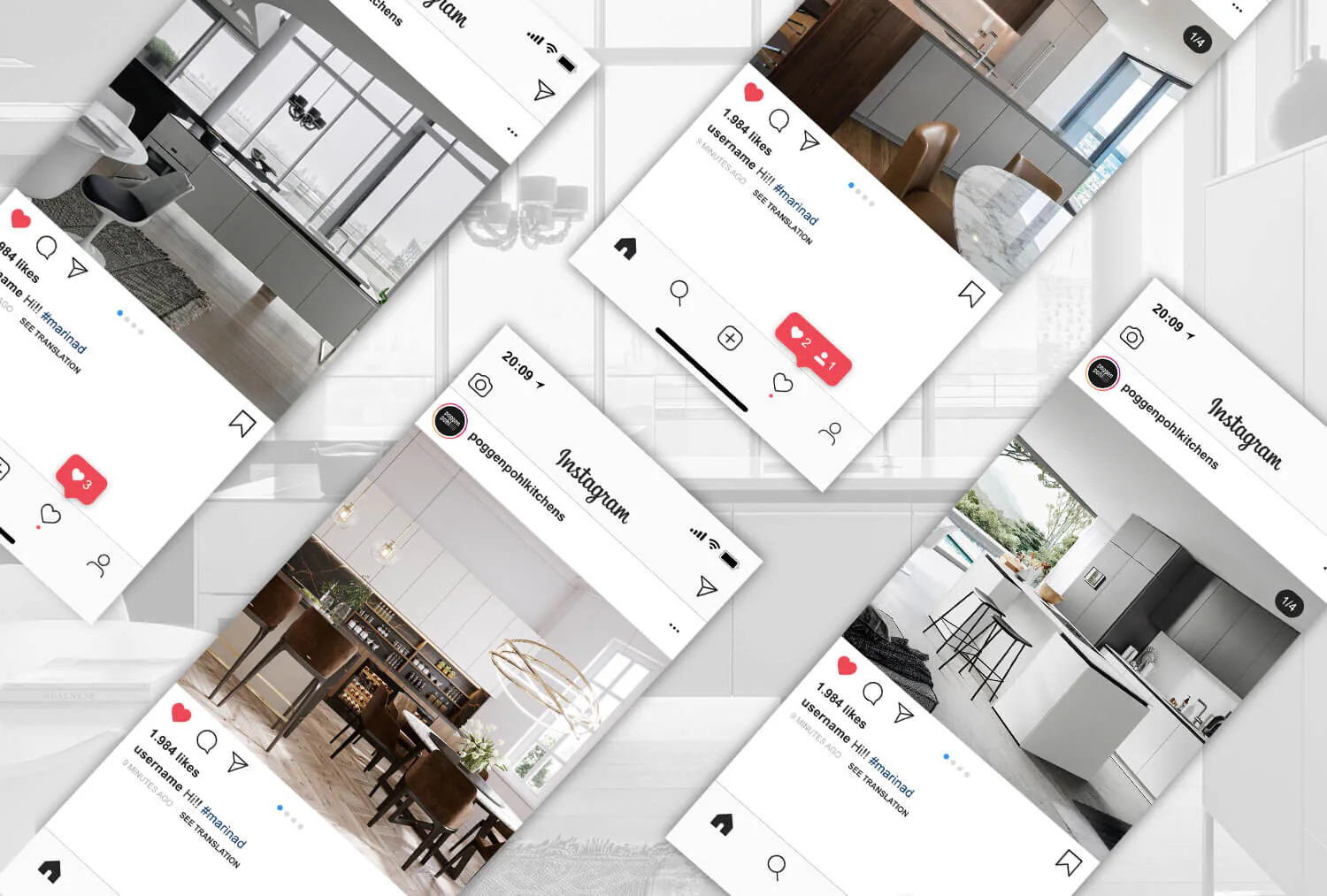 Several Poggenpohl Instagram screens angled and overlapping across the frame.