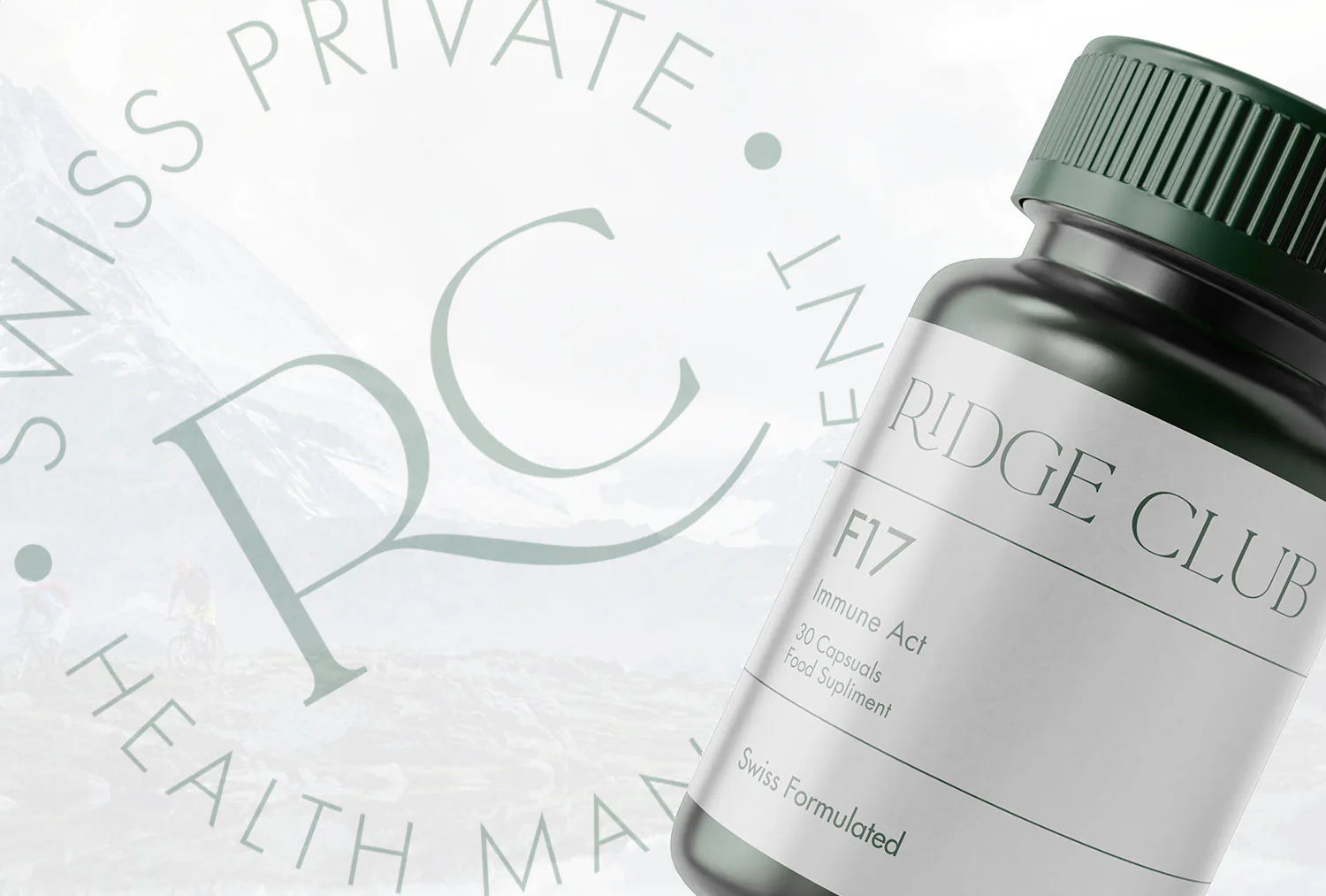 A Ridge Club supplement bottle with a dark green cap, against the monogram in pale relief.