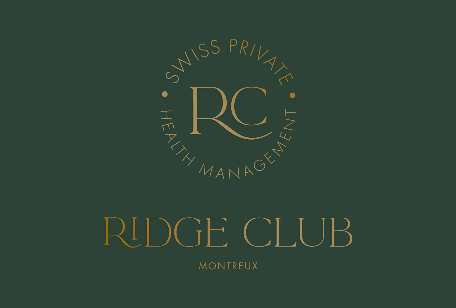 The Ridge Club monogram and wordmark in gold on a deep green panel.