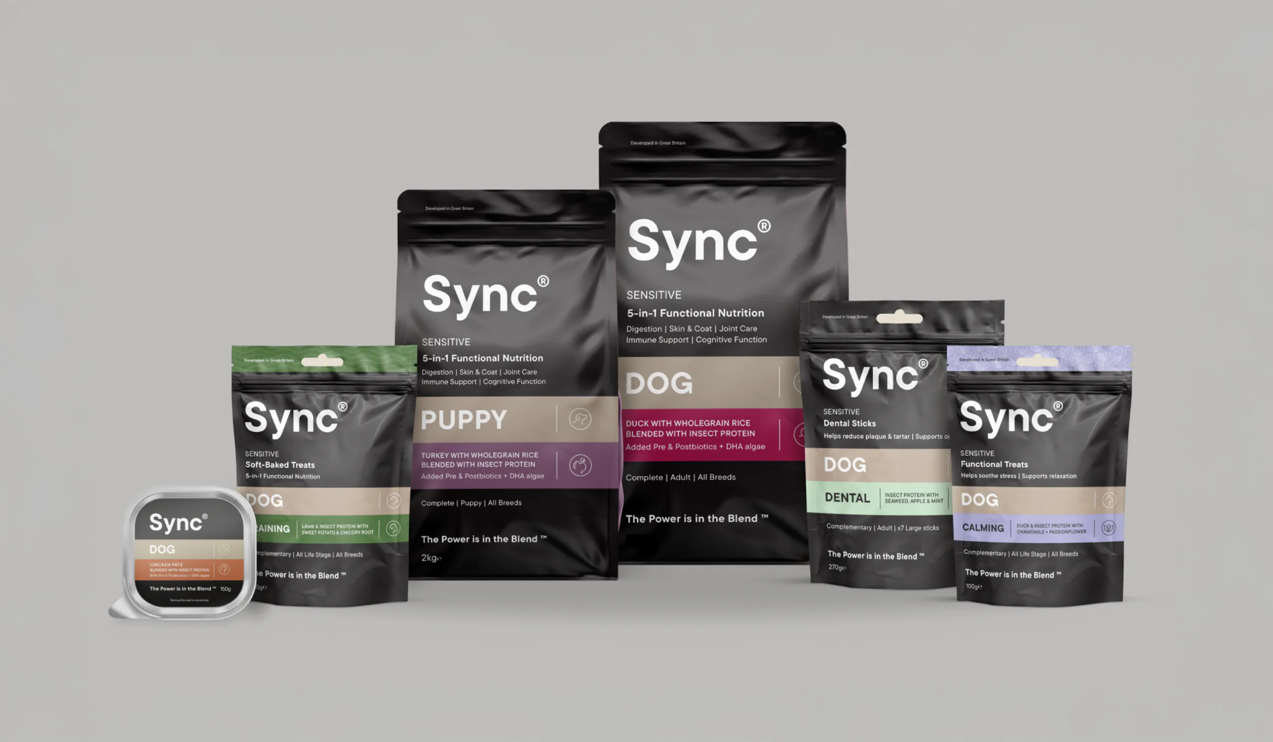 The Sync range lined up on grey: seven pouches and a tub, colour-coded by variety.