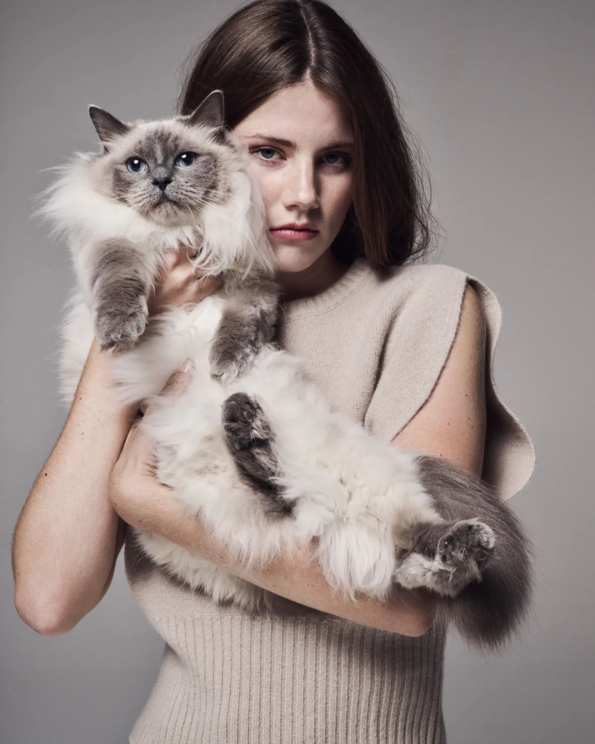 A woman holding a long-haired colourpoint cat against her shoulder.