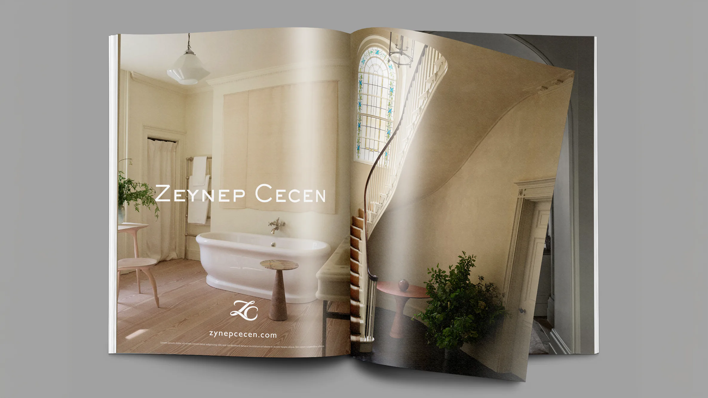 A brochure cover showing a bathroom with a freestanding bath, under the Zeynep Cecen wordmark.