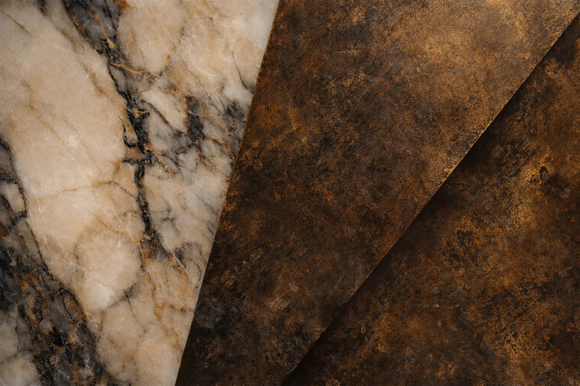Veined marble meeting burl veneer along a diagonal.